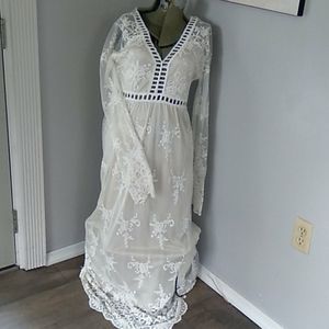Vtg 70s boho ivory lace dress M/L